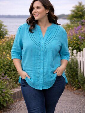 David Brooks Woman Linen Cutwork Blouse 1X NWOT